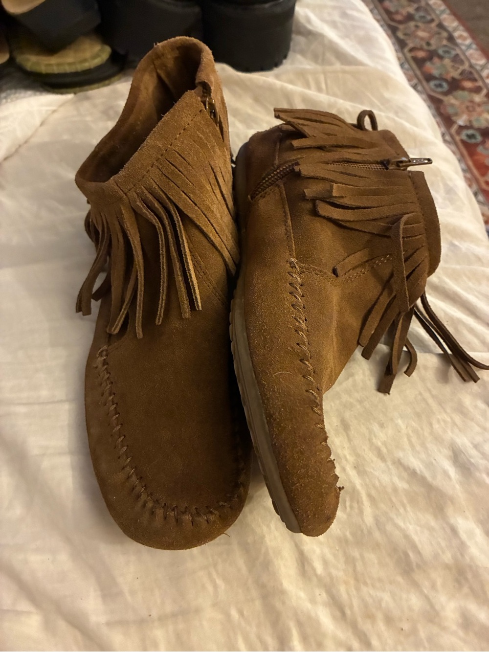 Minnetonka Brown Suede Fringe Moccasin Ankle Boots